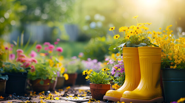Gardening background with flowerpots, yellow boots in sunny spring or summer garden. Generative AI