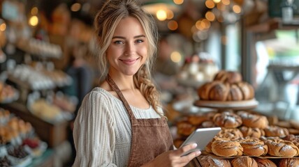 Using a smart tablet to organise inventory orders, the proprietor of a small café and bakery