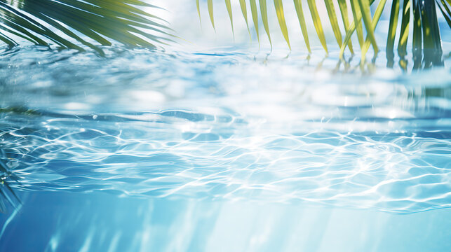 sunlight dancing on gentle water ripples beneath the shade of overhanging palm leaves