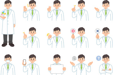 薬剤師の男性　表情とジェスチャーのイラスト素材セット