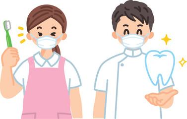 歯科医師と歯科衛生士の上半身イラスト　医療従事者