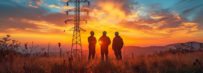 After a day of work at a high-voltage line tower, electrical engineers discuss the results. - obrazy, fototapety, plakaty