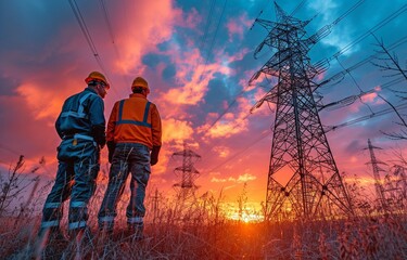 After a day of work at a high-voltage line tower, electrical engineers discuss the results.