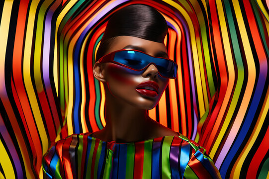 fashion cover, African model in colorful striped outfit in fashion sunglasses on striped background