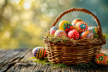 Fototapeta na wymiar Colorful Easter eggs in a wicker basket on a wooden table, generative ai
