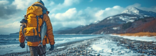 Fisherman with a catch in his hands strolling beside the water