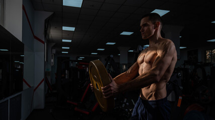 Muscular shirtless man doing exercise with weight plate in gym. 