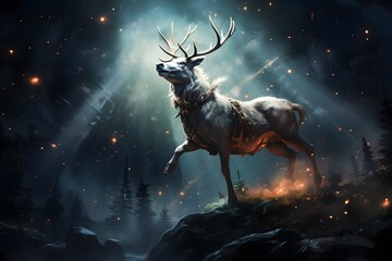 Digital painting of a stag in the night sky with stars and space