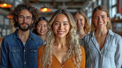 Fototapeta premium group photo of various casual businesspeople grinning at the camera while standing in an office