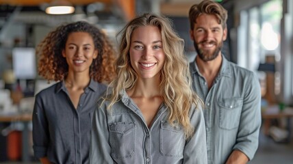 Fototapeta premium group photo of various casual businesspeople grinning at the camera while standing in an office