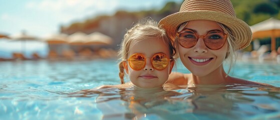 On a lovely summer day, a happy family consisting of a mother enjoying her summer vacation with her young daughter while lounging by the pool, wearing summer hats and shades. - obrazy, fototapety, plakaty