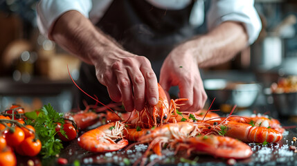 Professional chef hands preparing seafood feast meal of shrimps crabs and lobsters at restaurant. Generative AI - obrazy, fototapety, plakaty