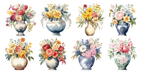 Set of watercolor vintage old vase with flowers, Sticker, Ornaments, png, generated ai - obrazy, fototapety, plakaty