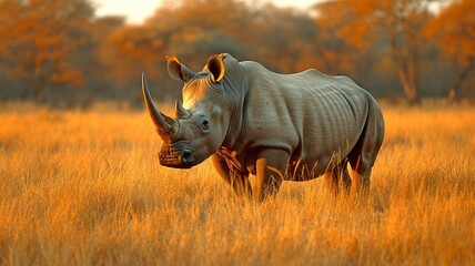 In the savanah, a lone rhino