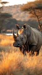 In the savanah, a lone rhino