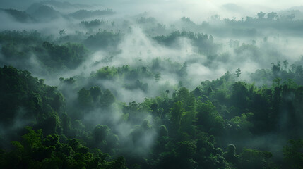 rainforest morning fog, generative ai - obrazy, fototapety, plakaty