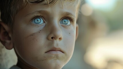 A little boy with a distant look in his eyes his innocent face unable to fully comprehend the impact of the trauma he has experienced.