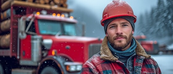 a man in front of the truck wearing a hard hat, - obrazy, fototapety, plakaty
