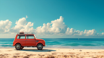 Fototapeta na wymiar Red summer car on beach, generative ai