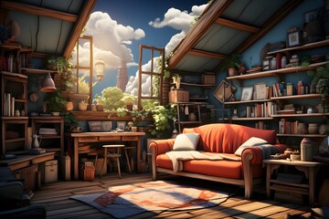 A 3D render of a cozy living room with a beautiful view
