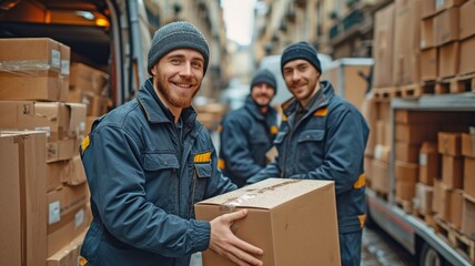 Moving assistance In an example of cooperation and teamwork, workers unload goods from a vehicle. Uniformed delivery guys moving goods
