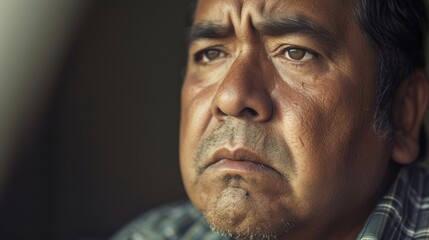 A middleaged Latino man his eyes filled with pain as he recalls the discrimination he has endured in his workplace.