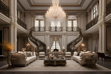 3D rendering of the interior of a living room in a classic style