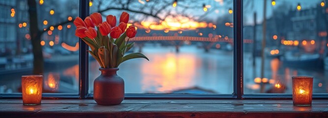 The restaurant's window overlooks the river, and in the evening it features a vase filled with flowers. - obrazy, fototapety, plakaty