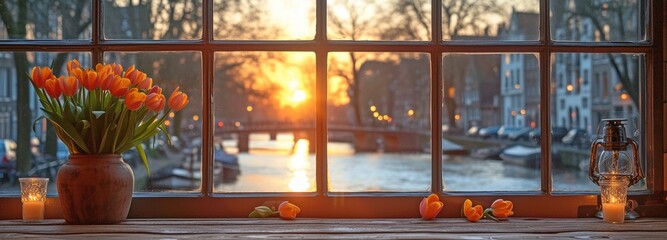 The restaurant's window overlooks the river, and in the evening it features a vase filled with flowers.