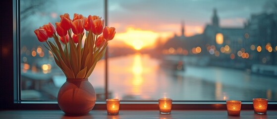 The restaurant's window overlooks the river, and in the evening it features a vase filled with flowers.
