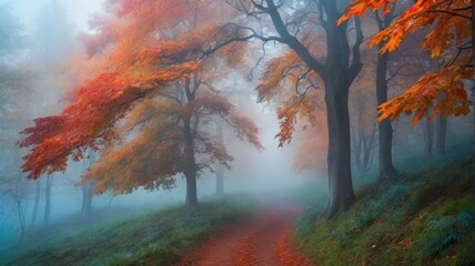 Naklejka na ściany i meble autumn forest in the blue fog
