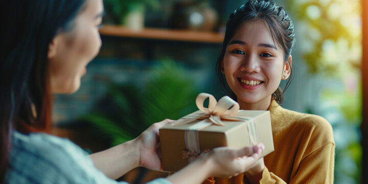 Asian girl gets a gift. Box carton parcel after buying ordering present, shopping online, delivery service concept. Using for advertisement.