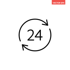 Black round up to 24 hours customer service line icon, simple 24h helpline assistance flat design pictogram vector for app ads web banner button ui ux interface elements isolated on white background