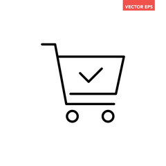 Black single order completed line icon, simple shopping cart with check mark flat design vector pictogram, interface elements for app logo web button ui ux isolated on white background