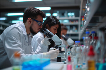 Diverse Team of Scientists Analyzing Samples Under Microscope