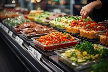 Ready to eat dishes and snacks in the supermarket display cases, customers choosing lunches,...