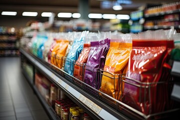 Rack with colorful product packages in the supermarket, vibrant colors and light reflections, Generative AI