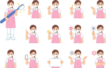 歯ブラシを持った歯科衛生士の女性　表情とジェスチャーのイラスト素材セット