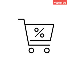Black single shop discount cart line icon, simple shopping flat design vector pictogram, interface elements for app logo web button ui ux isolated on white background
