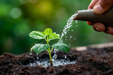 Close up of hand holding watering pot watering little plants on soil. - obrazy, fototapety, plakaty