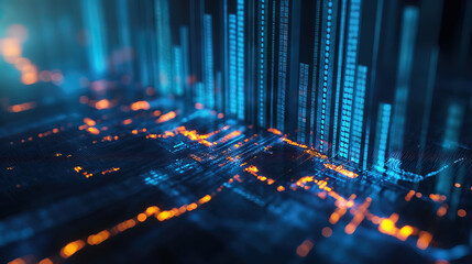 Microchip and stock market charts business investment illustration double exposure, technology grow graph