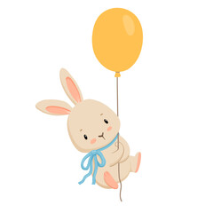 Cute rabbit is flying with balloon. Vector bunny isolated on white