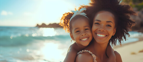 Happy black mother and daughter playing on the beach. Sister gives piggyback ride to little girl by the shore. Lovely child hugs her mom. - obrazy, fototapety, plakaty