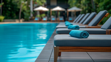 Blue lounge chairs and towels at luxury resort  swimming pool. Poolside cabanas at upscale resort. Exclusive destination travel, luxury vacation, tropical paradise for solo traveler, frequent flyer