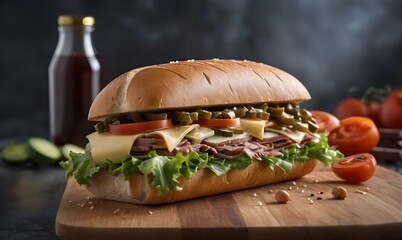 A sub sandwich sitting on top of a cutting board