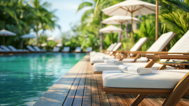 White lounge chairs and towels at luxury resort  swimming pool. Tropical getaway at upscale resort. Exclusive destination travel, luxury vacation, tropical paradise for solo traveler, frequent flyer.