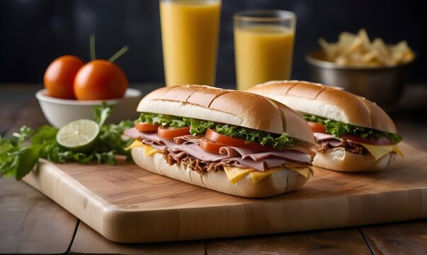 A sub sandwich sitting on top of a cutting board