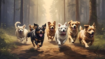 Dogs running away in the forest