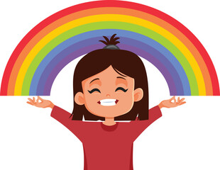 Cheerful Girl Showing a Rainbow of Happiness and Fulfillment Vector. Happy creative kindergarten student feeling positive and optimistic
