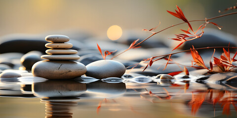 Zen stones by water with sunlight